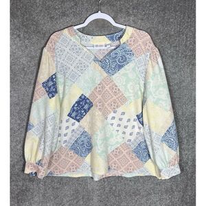 D&Co Denim & Co‎ Patchwork Blouse Women Sz 2X Pastel Stretch Long Sleeve V-Neck